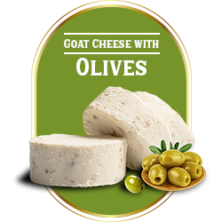 Artisanal Le Blanc goat cheese medallions with green olive pieces presented with whole olives.