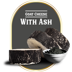 Le Blanc goat cheese medallions with vegetable ash coating presented with a bowl of fine ash.